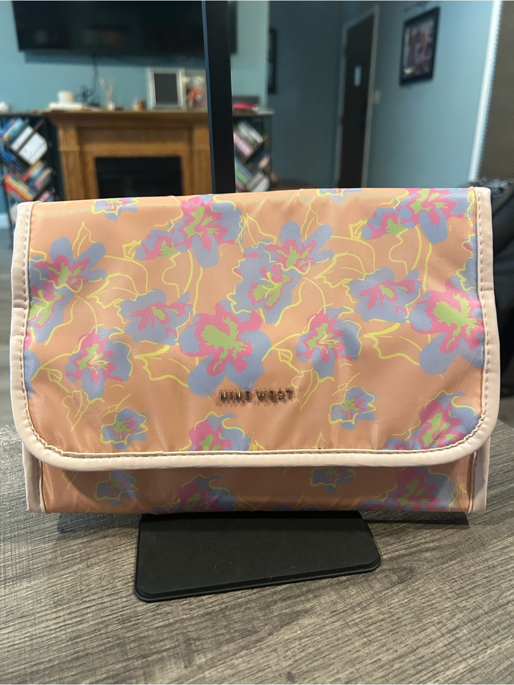 Nine West Peach Floral Fold-Over Clutch with Lavender and Lime Accents
